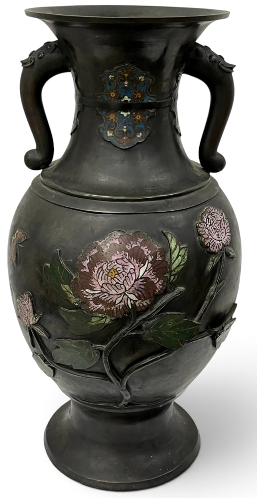 Antique Japanese Bronze Vase with floral designs: Antique Japanese Bronze Vase with floral designs. Approx. 20 x 10 x 10 inches.