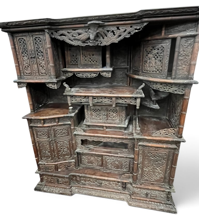 Antique Japanese Shodana Display Cabinet: Antique Japanese highly carved Shodana Display Cabinet. Late 19th century. Approx. 63 x 56 x 20 inches.