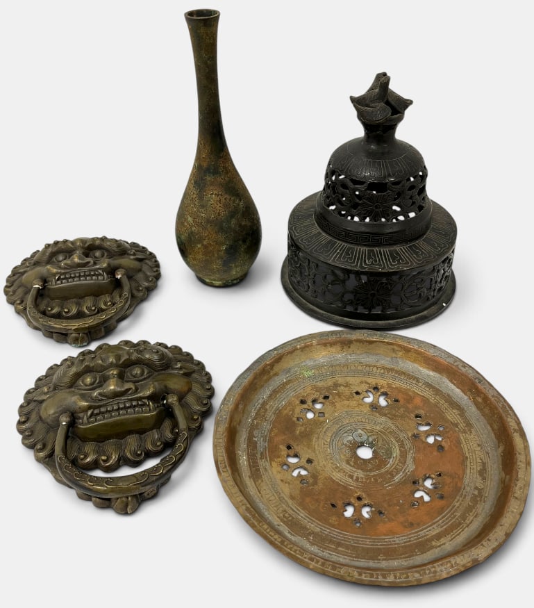 Chinese Bronze Censer, Foo Dog door knockers and more: Chinese Bronze Censer, Foo Dog door knockers and more. Censer approx. 8 x 6 x 6 inches.