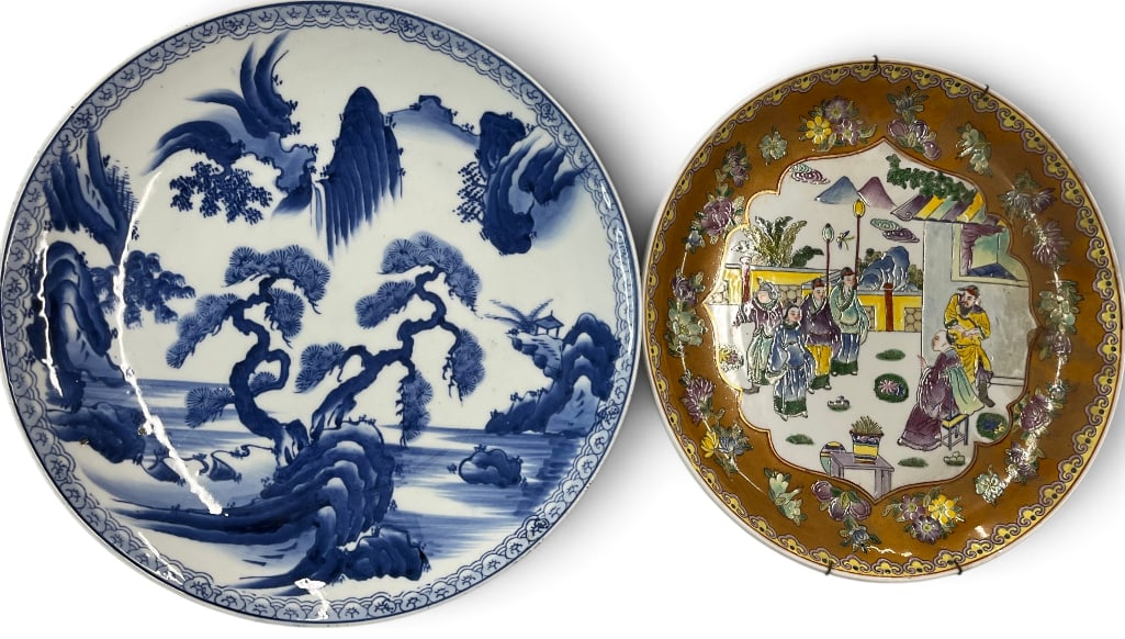 Hand painted Chinese and Japanese Chargers: Hand painted Chinese and Japanese Chargers. 2 pieces. Approx. 14.5 and 15 inch diameters.
