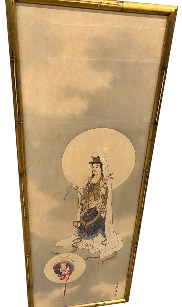 Japanese painting of Guanyin on silk: Japanese painting of Guanyin on silk in gilt bamboo style frame. Painted by Takashi Miyatsu. Frame approx. 50 x 18 inches.