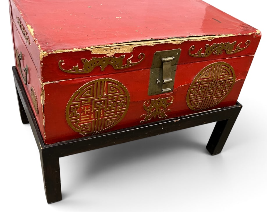 Chinese Export Red Leather Trunk with stand (1 of 5)