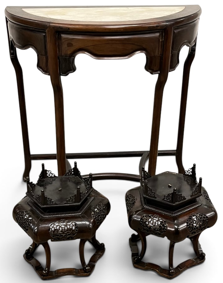 Chinese Demi-Lune console table and Rosewood Stands: Chinese Demi-Lune console table and carved Rosewood Stands. 3 pieces. Table approx. 35 x 33 x 16 inches. Stands approx. 15 x 13 x 13 inches.