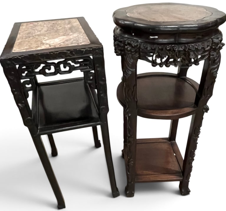 2 Chinese carved Teak stands: 2 Chinese carved Teak stands with inlaid marble tops. Rectangle approx. 32 x 17 x 12 inches. Round approx. 34 x 16 x 16 inches.