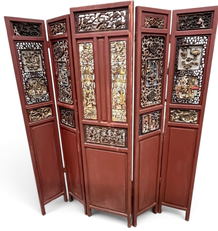 Chinese carved 5 panel screen (1 of 5)