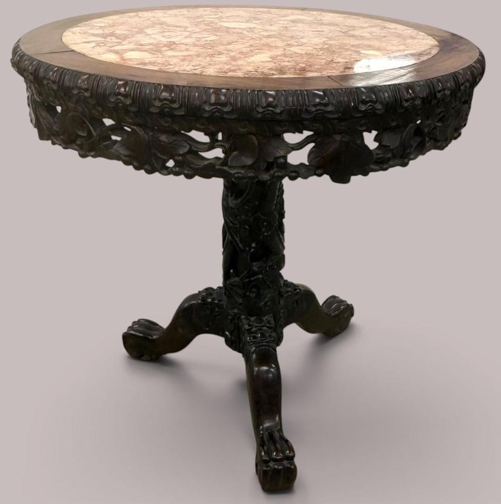 Chinese carved Rosewood Pedestal table with marble top (1 of 7)