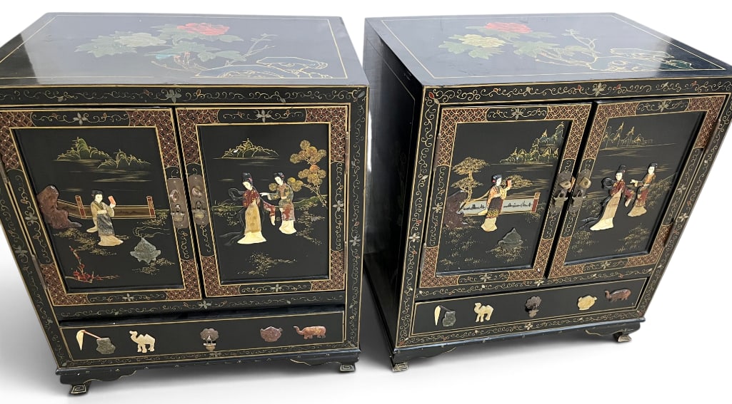 2 Chinese Black Lacquer Cabinets: 2 Chinese Black Lacquer Cabinets with hand painted floral motifs and applied figures, animals, etc. Approx. 24 x 22 x 16 inches.