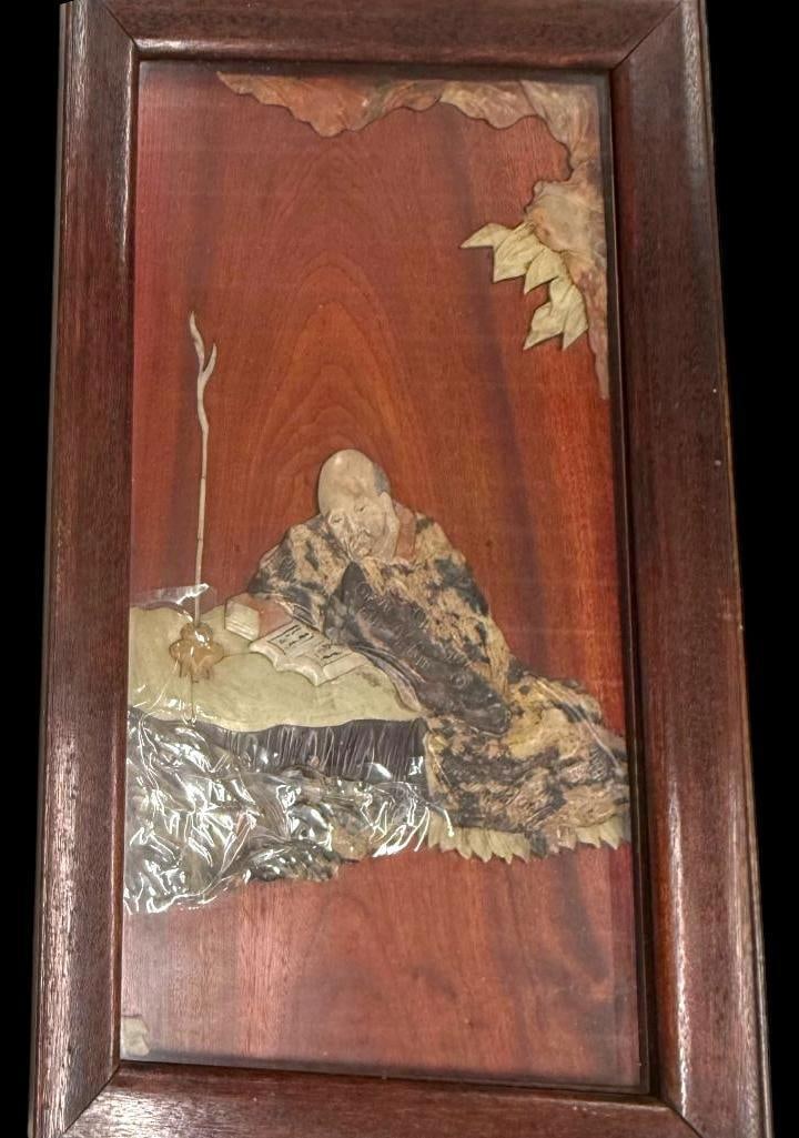 Chinese carved soapstone plaque of a scholar: Chinese carved soapstone plaque of a scholar. Frame approx. 25.5 x 15.5 inches.