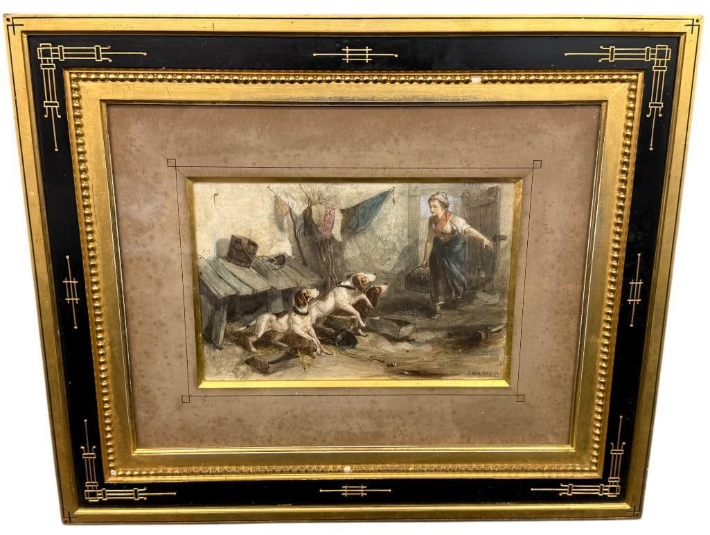 Clement August Andrieux 1862 signed watercolor: Clement August Andrieux (1829-1880) 1862 signed watercolor. Woman with dogs. Approx. 9.5 x 6.5 inches. Frame approx. 19 x 16 inches.