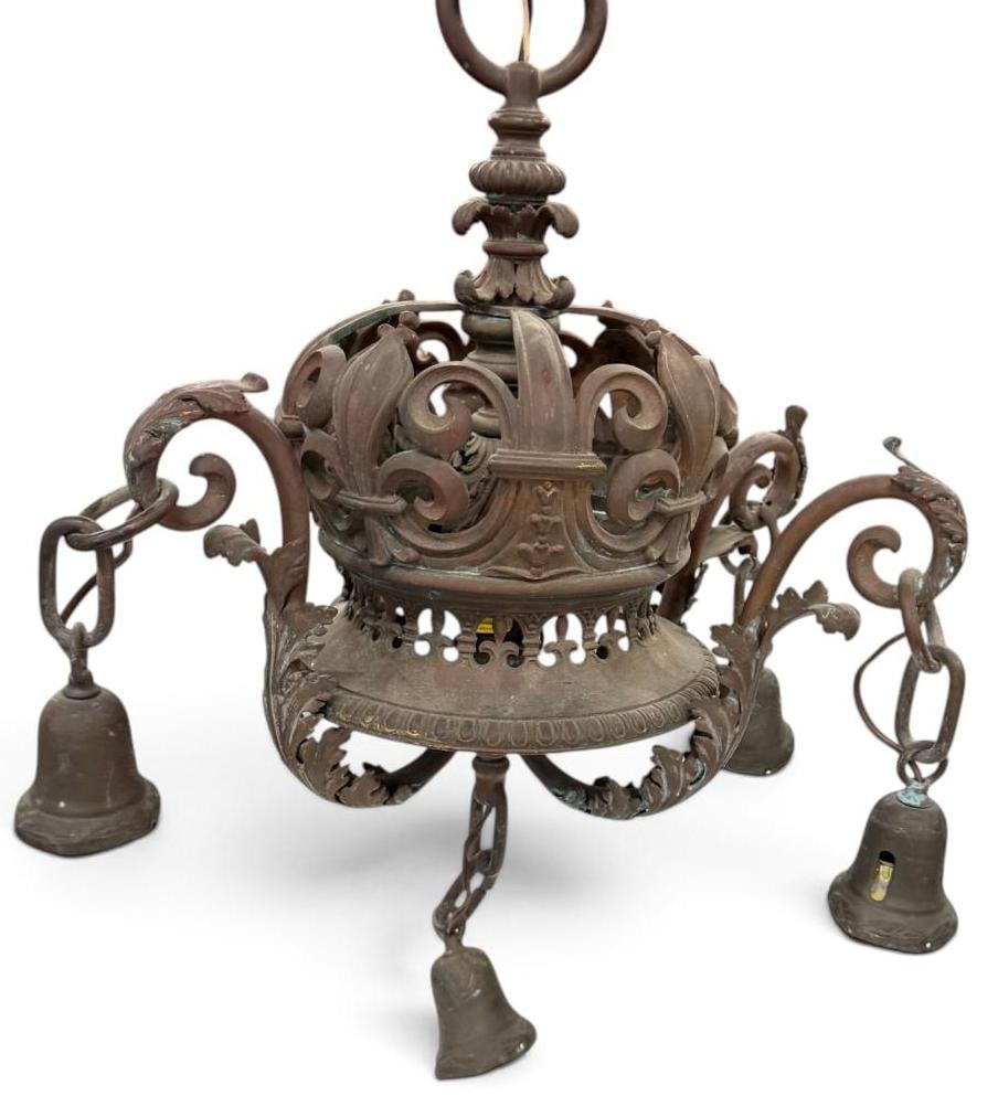Gothic French Chandelier: Gothic French Chandelier. In the shape of a crown, covered with Fleur de Lis. Approx. 24 x 16 x 16 inches.