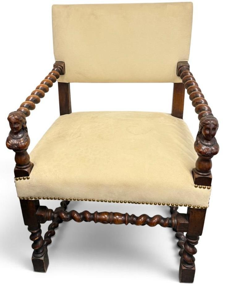 Jacobean Barley Twist chair with carved woman Busts: Jacobean Barley Twist chair with carved woman Busts. Approx. 40 x 27 x 22 inches.