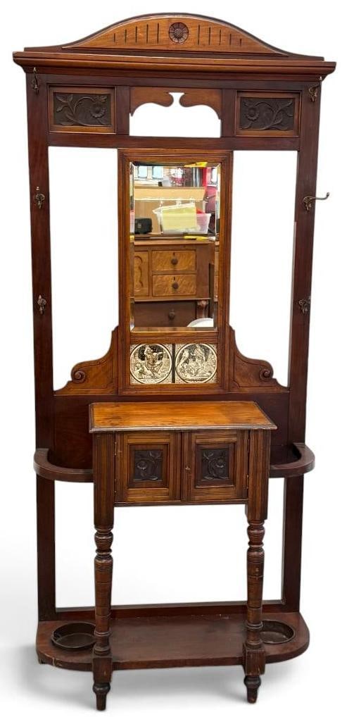 Oak Edwardian hall stand: Oak Edwardian hall stand. Tiles by Mintons China Works. Approx. 84 x 36 x 14 inches.