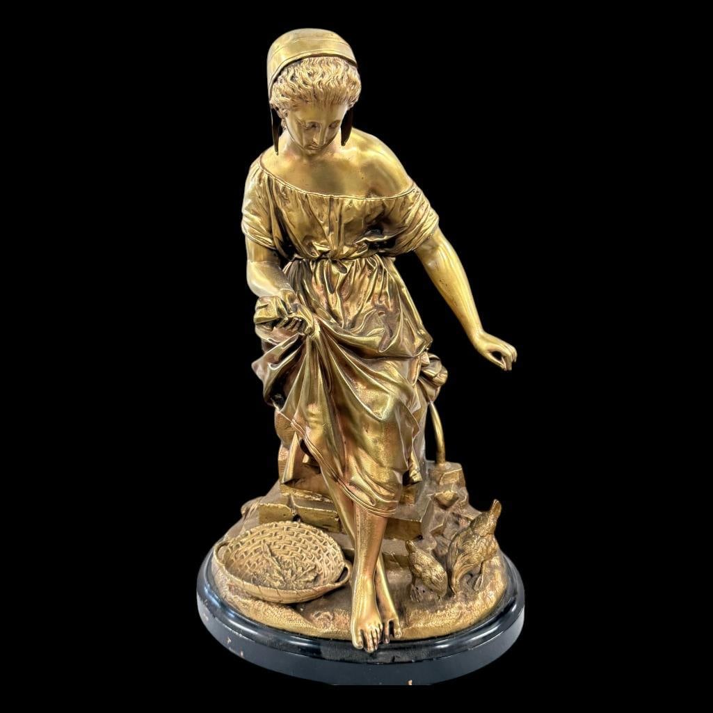 Mathurin Moreau signed bronze lamp: Mathurin Moreau signed bronze lamp of a woman with chickens. Statue approx. 18 x 11 x 8 inches.