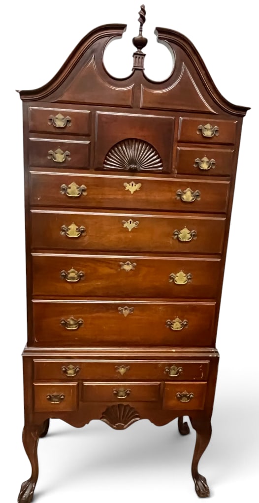 Kittinger 13 Drawer Mahogany Highboy Dresser: Kittinger 13 Drawer Mahogany Highboy Dresser with claw and ball feet. Approx. 87 x 36 x 17 inches.