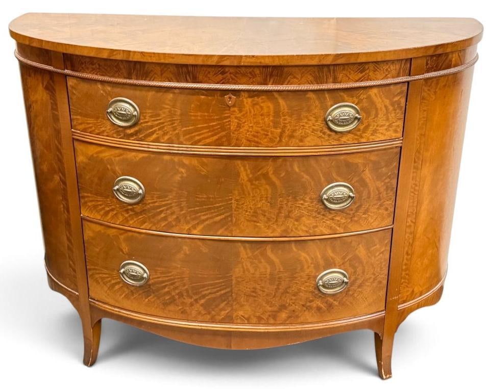Hepplewhite Bow Front 3 Drawer Chest: Hepplewhite Bow Front 3 Drawer Chest. Approx. 48 x 35 x 21 inches.