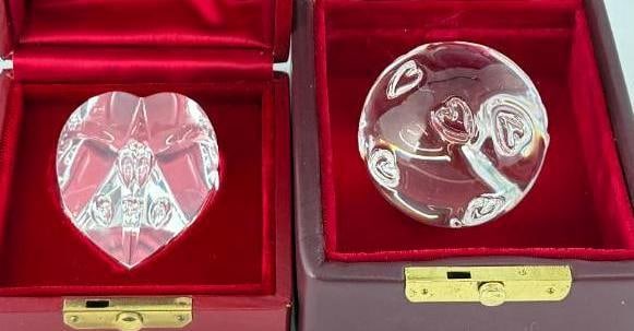 Steuben Glass Heart Ball and Teardrop Heart Paperweight: Steuben Glass Heart Ball with ring stand and Teardrop Heart Paperweight. 2 pieces.
