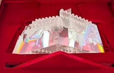 Steuben Crystal Castle of Dreams Sculpture: Steuben Crystal Castle of Dreams Sculpture. Designed by David Dowler. Includes case and velvet pad. Approx. 6 x 10 x 6 inches.