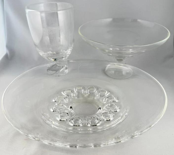 Steuben Art Glass Bowls and Vase: Steuben Art Glass Bowls and Vase. 3 pieces. Large bowl approx. 3.75 x 13.5 inches.