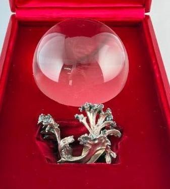 Steuben Crystal Gazing Ball with Sterling Silver Stand: Steuben Crystal Gazing Ball with Sterling Silver Stand. Includes case. Ball approx. 4 inches.