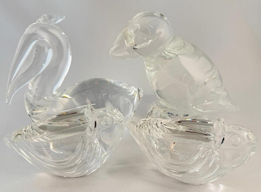 4 Steuben Art Glass Birds: 4 Steuben Art Glass Birds. Including Puffin, Toucan and Pelican - signed SHS.. Pelican approx. 7 x 5 x 3 inches.