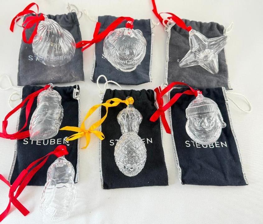 7 Steuben Art Glass Christmas Ornaments: 7 Steuben Art Glass Christmas Ornaments. Including owls, Santa, Star and more.