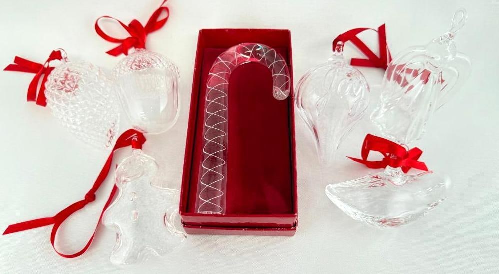 Steuben Art Glass Christmas Ornaments and Candy Cane: Steuben Art Glass Christmas Ornaments and Candy Cane. 7 pieces. Including Gingerbread, Angel, Dove, Joy and more. Candy Cane approx. 6.25 inches.