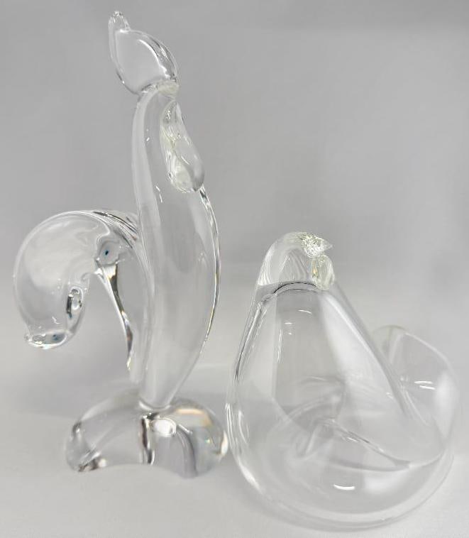 Steuben Art Glass Rooster and Hen: Steuben Art Glass Rooster and Hen. Rooster approx. 11 x 4.5 x 3.5 inches.