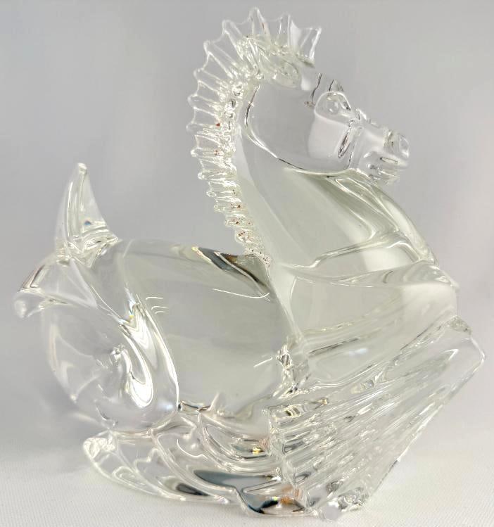 Steuben Crystal Seahorse Hippocampus: Steuben Crystal Seahorse Hippocampus. Designed by David Pollard. Approx. 7 x 7 x 3 inches.
