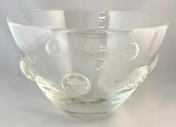 Steuben Art Glass Large Bowl: Steuben Art Glass Large Bowl with controlled bubble planets? Approx. 7 x 10.5 x 10.5 inches.