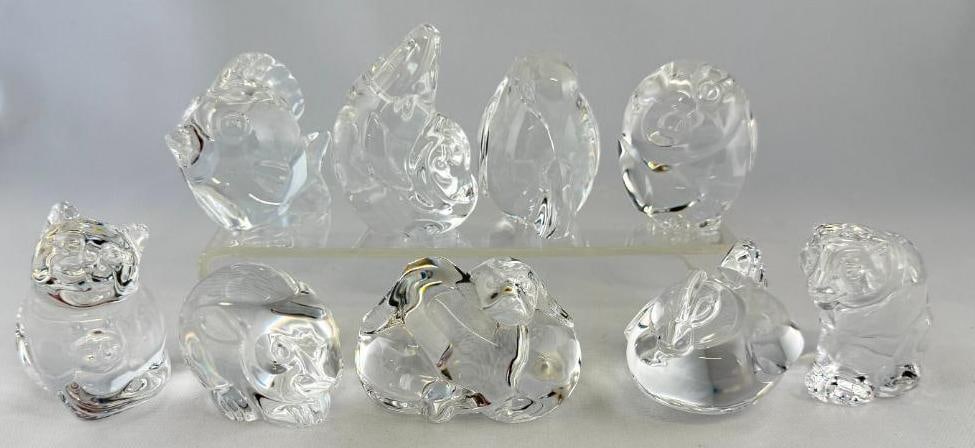 9 Steuben Art Glass Animal Hand Coolers: 9 Steuben Art Glass Animal Hand Coolers / paperweights. Including rabbit signed LDH, puppies, owl, hen, cat, whale, penguin with baby, etc.