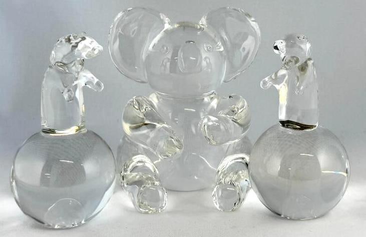 Steuben Art Glass Koala and Bears: Steuben Art Glass Koala and Bears on balls. 3 pieces. Koala approx. 6 x 4 x 4 inches.