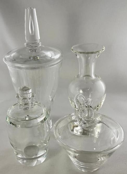 Steuben Covered Jars and Vase: Steuben Covered Jars and Vase. 4 pieces. Largest approx. 12 x 5.5 x 5.5 inches.
