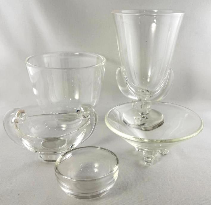 Steuben Art Glass Bowls and Vases: Steuben Art Glass Bowls and Vases. Largest approx. 8.5 x 5 x 5 inches..