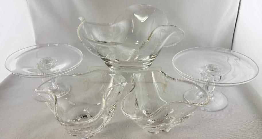 Steuben Art Glass Vases and Candle Holders: Steuben Art Glass Vases and Candle Holders. 5 pieces. Largest vase approx. 9.5 x 9.5 x 6 inches.