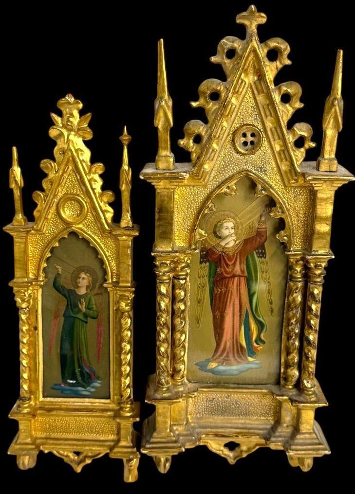 Angels with trumpets in Gothic carved gold gilt frames: Angels with trumpets in Gothic carved tabernacle architectural gold gilt frames. 2 pieces. Approx. 13 x 5 inches.