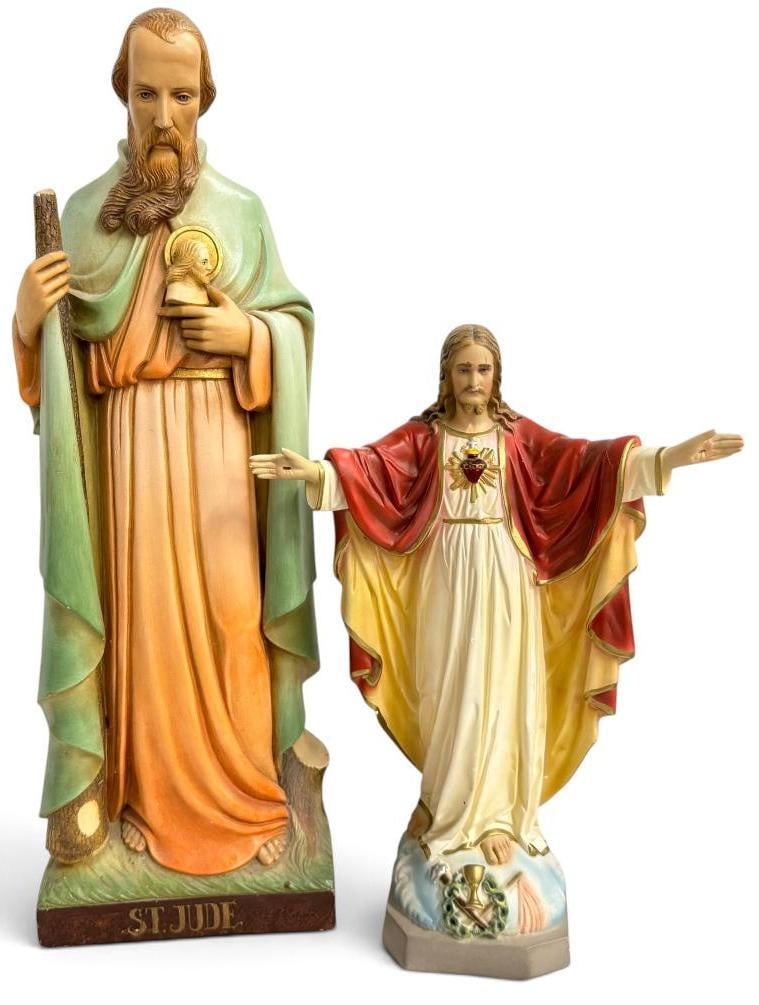 St. Jude and Sacred Heart of Jesus statues: St. Jude and Sacred Heart of Jesus statues. 2 pieces. St. Jude approx. 25 x 8 x 6 inches.