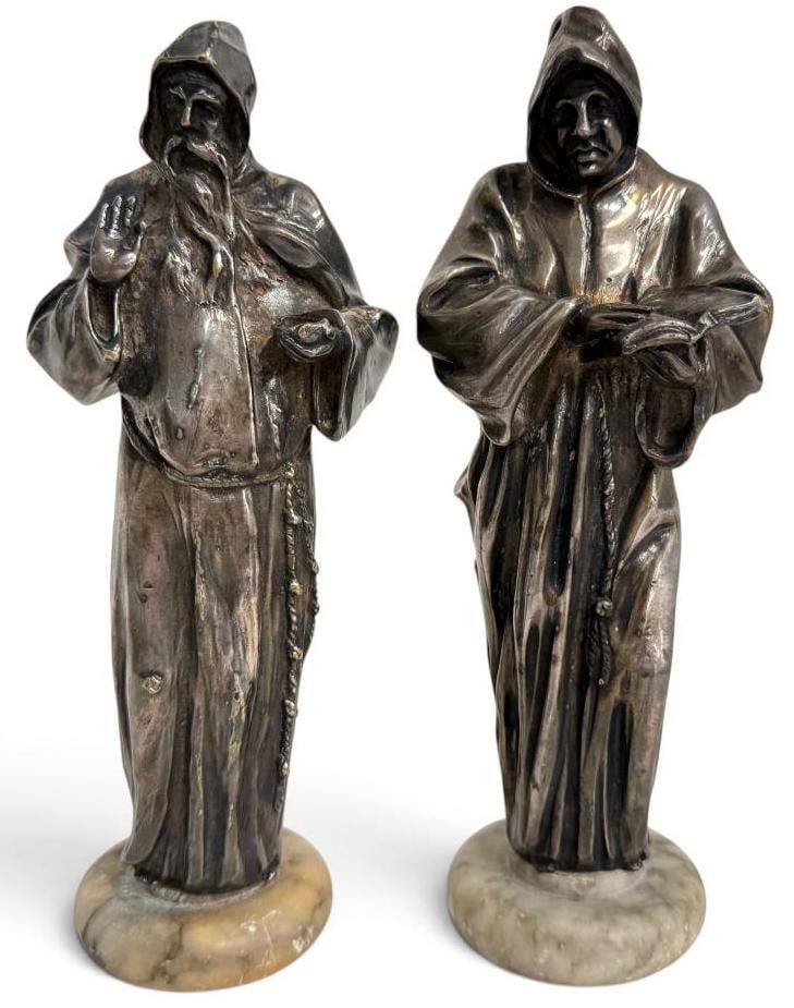 2 Silver Finished Bronze Religious statues: 2 Silver Finished Bronze Religious statues. Approx. 9 inches tall.