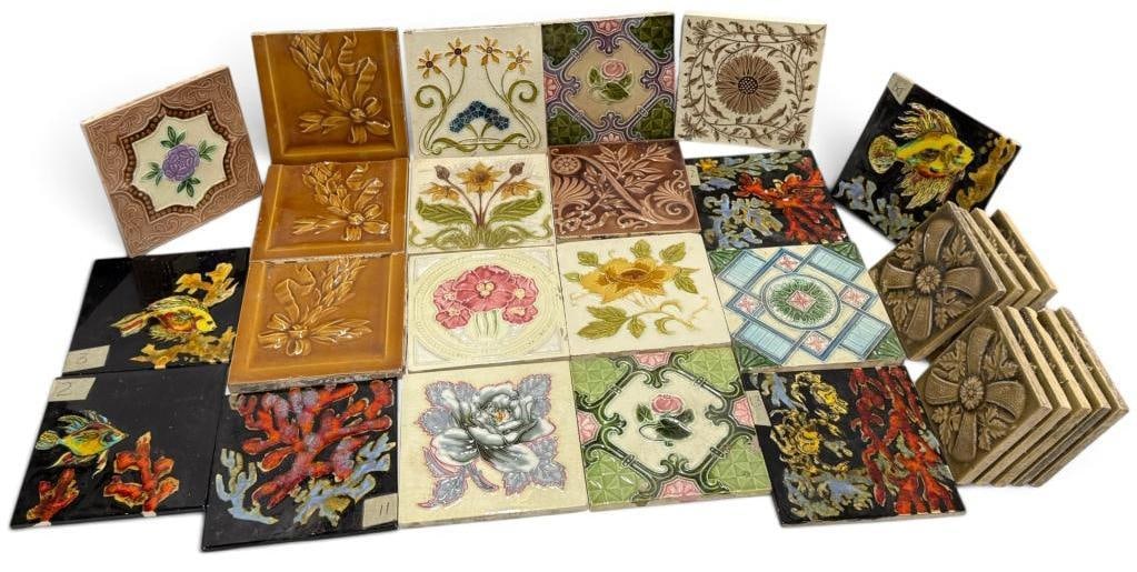 29 Art Tiles: 29 Art Tiles featuring flowers, fish and more. Some signed Cambridge, Desvres France and more.