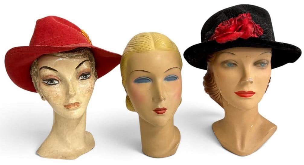 3 Art Deco Mannequin Heads: 3 Art Deco Mannequin Heads. Approx. 12 x 8 x 7 inches.