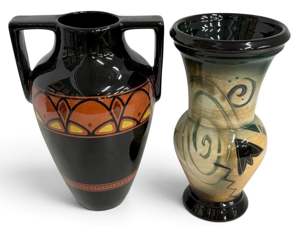 2 Art Pottery Vases: 2 Art Pottery Vases. Including Gouda "Regis" pattern by Eduard Antheunis - c. 1920 and signed vase by Claudia Zeber Martel. Gouda approx. 10 x 6.5 x 6 inches.