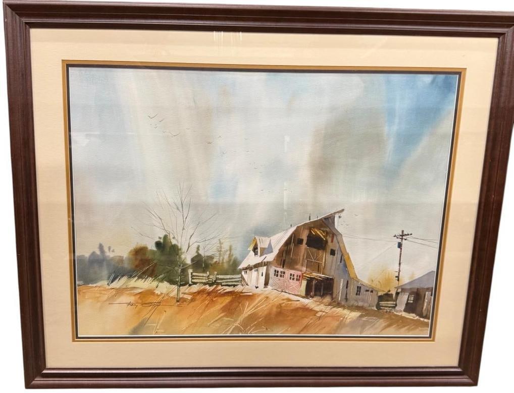 Tony Couch signed watercolor: Tony Couch signed watercolor. Country landscape with barn. Approx. 29 x 21 inches. Frame approx. 38.5 x 30.5 inches.