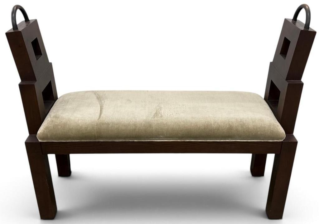 Oak Saddle Bench: Oak Saddle Bench with metal handles. Approx. 36 x 48 x 16 inches.