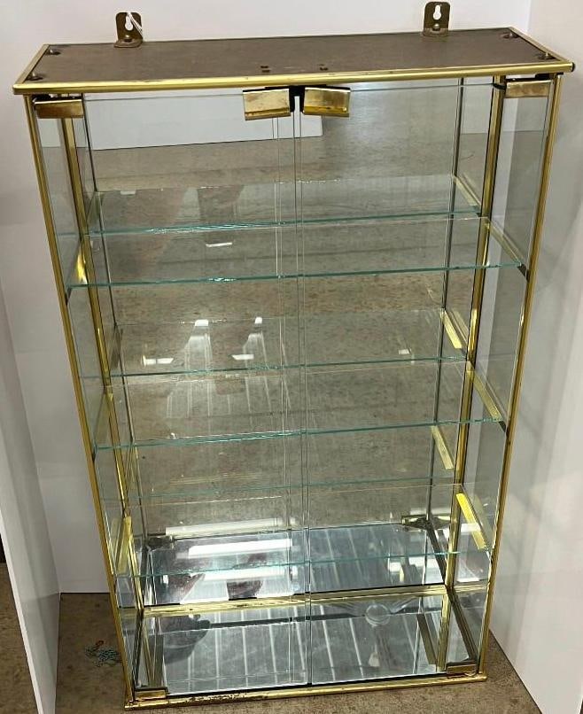Brass and Glass Display Cabinet: Brass and Glass Display Cabinet with 3 shelves. Approx. 31 x 19 x 7 inches.