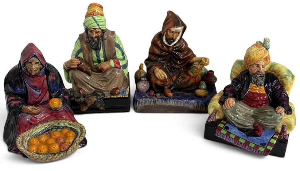 4 Royal Doulton Figures: 4 Royal Doulton Figures. Including Abdullah, Cobbler, Orange Vendor and The Potter.