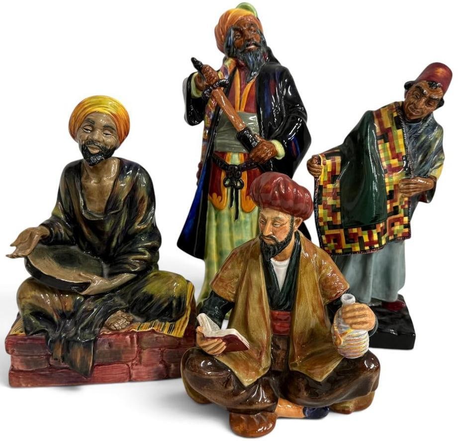 4 Royal Doulton Figures: 4 Royal Doulton Figures. Including Omar Khayyam, Mendicant, Carpet Seller and Blue Beard. Tallest approx. 10.5 inches.