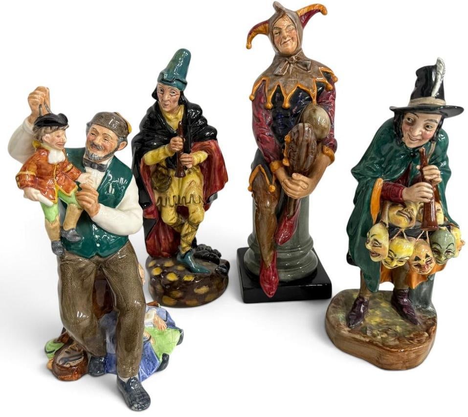 4 Royal Doulton Figures: 4 Royal Doulton Figures. Including The Mask Seller, The Puppetmaker, The Pied Piper and The Jester. Tallest approx. 10.5 inches.