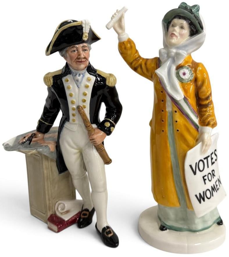 2 Royal Doulton Figures: 2 Royal Doulton Figures. Including Votes For Women and The Captain. Approx. 10 inches tall.
