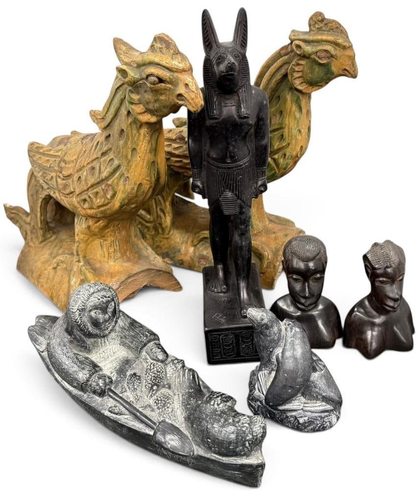 Anubis Statue, Chinese roof tiles and more: Anubis Statue, Chinese figural terracotta roof tiles, African man and woman busts, Wolf Original sculptures. 7 pieces. Anubis approx. 12 inches tall.