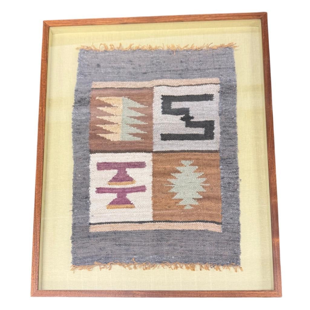 Framed Peruvian Rug: Framed Peruvian Rug. Approx. 23 x 15 inches. Frame approx. 29 x 22 inches.
