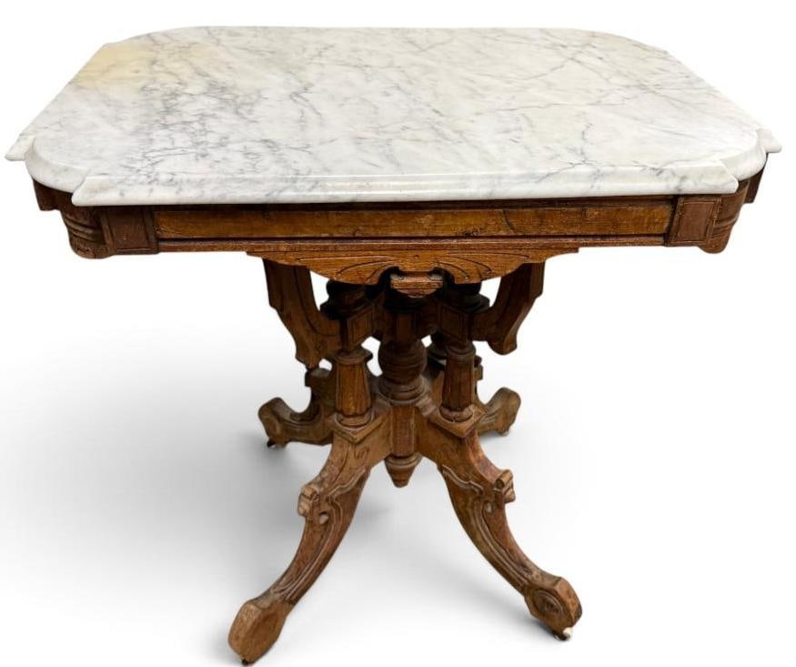 Victorian Carved Walnut table with marble top (1 of 5)